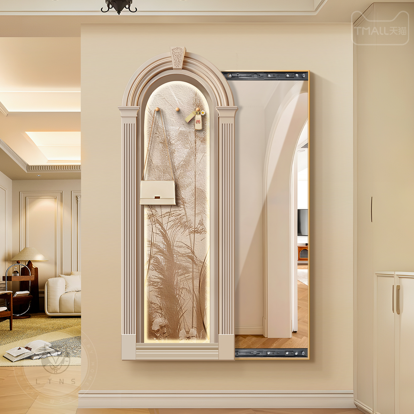玄关镜子画法式奶油风隐形穿衣镜