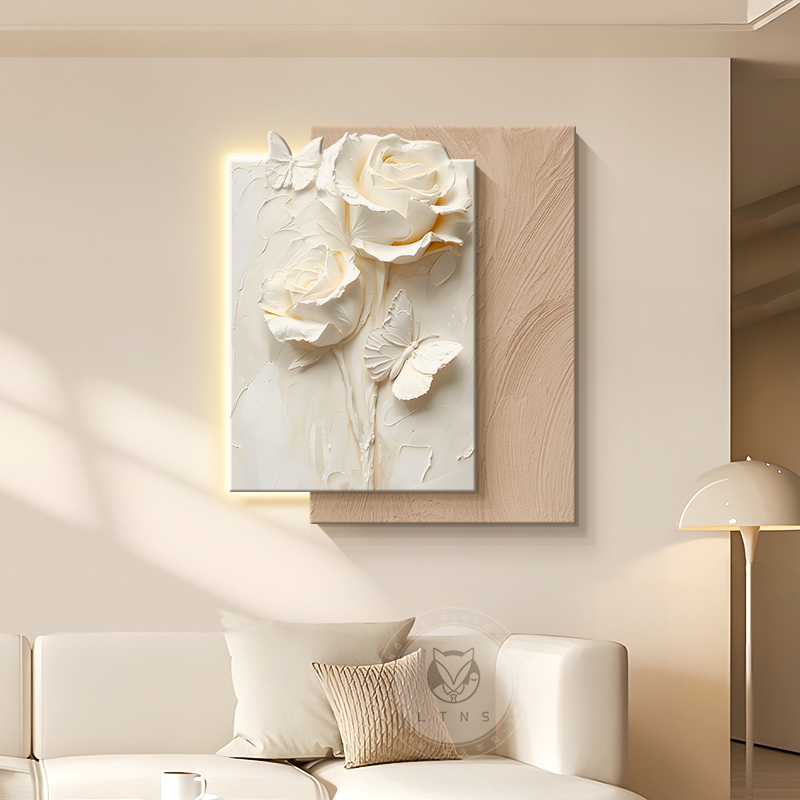奶油风客厅装饰画绿植花卉沙发背景墙挂画立体砂岩高级感玄关壁画图片