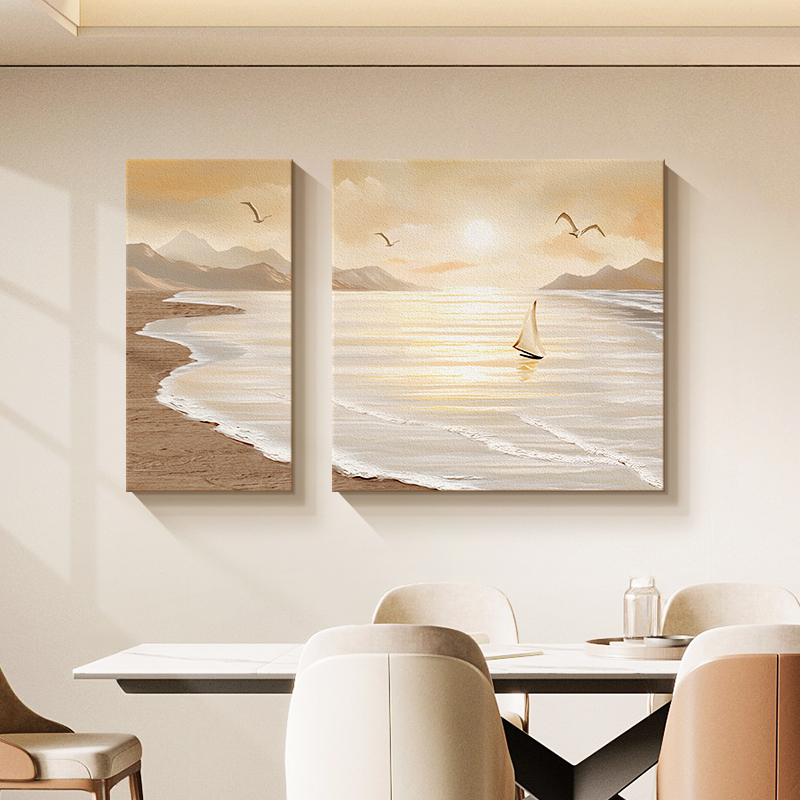 现代简约餐厅装饰画一帆风顺砂岩饭桌背景墙挂画艺术客厅两联壁画