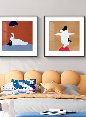 儿童房装饰画男女孩可爱卡通正方形卧室床头挂画红色小狗动物壁画