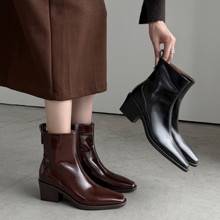 真皮中粗跟短靴女百搭显瘦亮面方头短筒瘦瘦靴 暖釉 履述先生