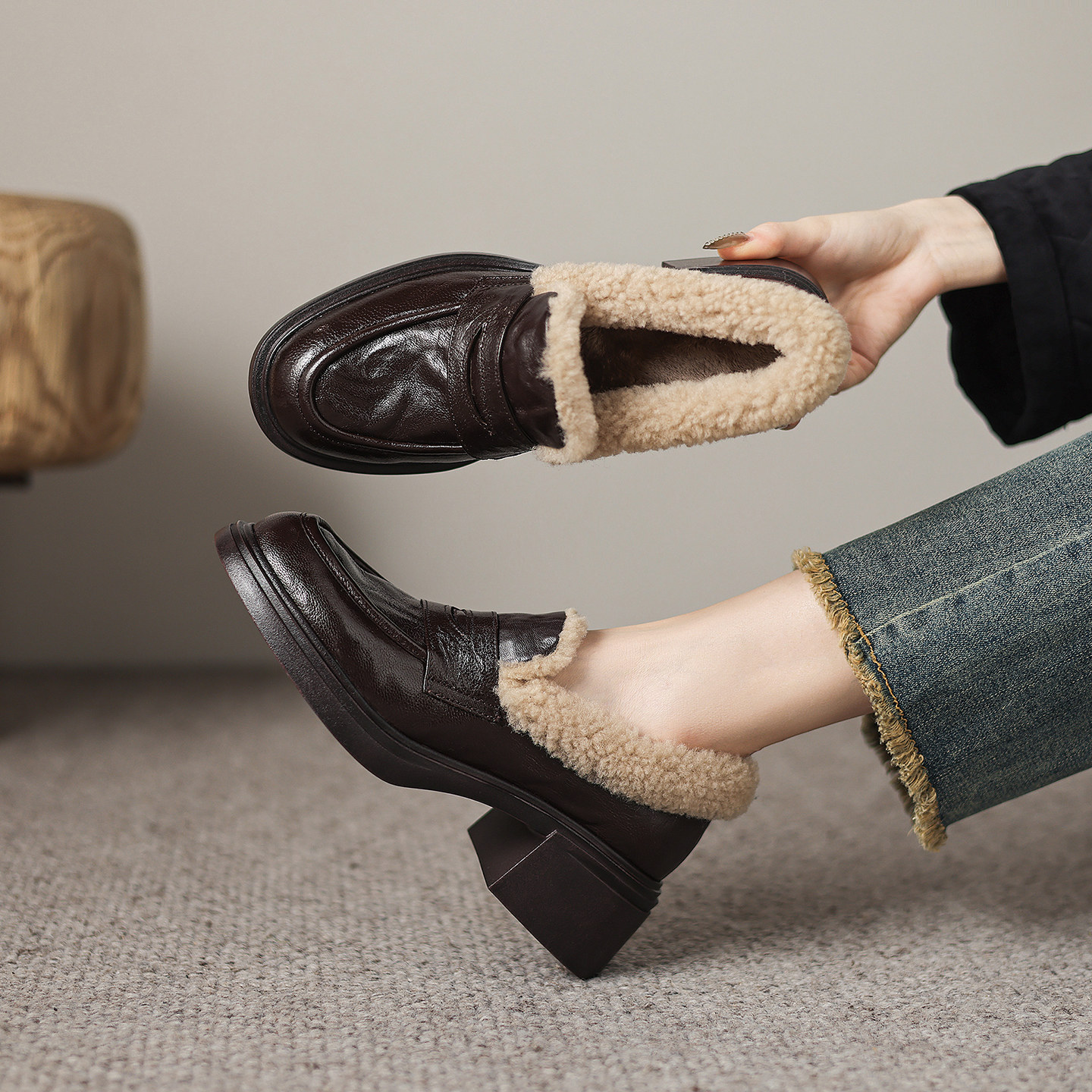 【履述先生】墨绒~超软羊皮不累脚加绒乐福鞋女一脚蹬高跟毛毛鞋,女鞋,时尚雪地靴,淘宝优惠券,粉丝福利购,淘宝优惠卷