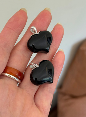 925纯银黑玛瑙爱心吊坠简约手工diy设计桃心形项链男女百搭简约