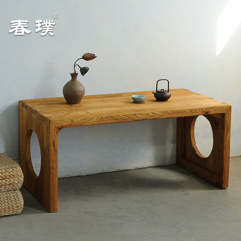 老榆木实木复古茶桌长桌风化纹理原木餐桌中式仿古功夫茶桌会议桌