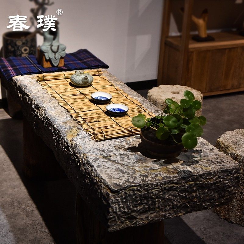 老石头长方形茶桌茶几户外庭院茶台中式条石桌花园禅意原石茶艺桌