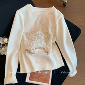 白金五角星刺绣烫钻套头毛衣女2025秋冬新款 小香风轻奢软糯针织衫