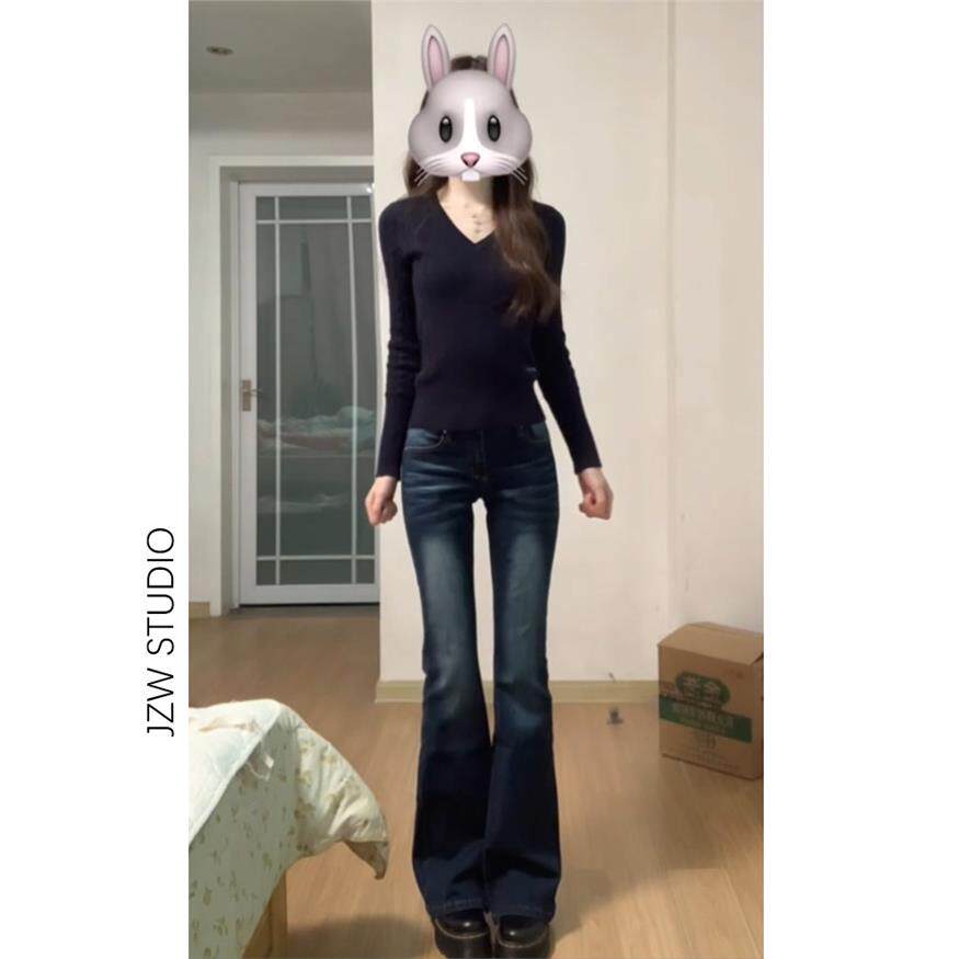 覆古怀旧蓝自然腰微喇牛仔裤女春夏小个子弹力修身显瘦拖地马蹄裤