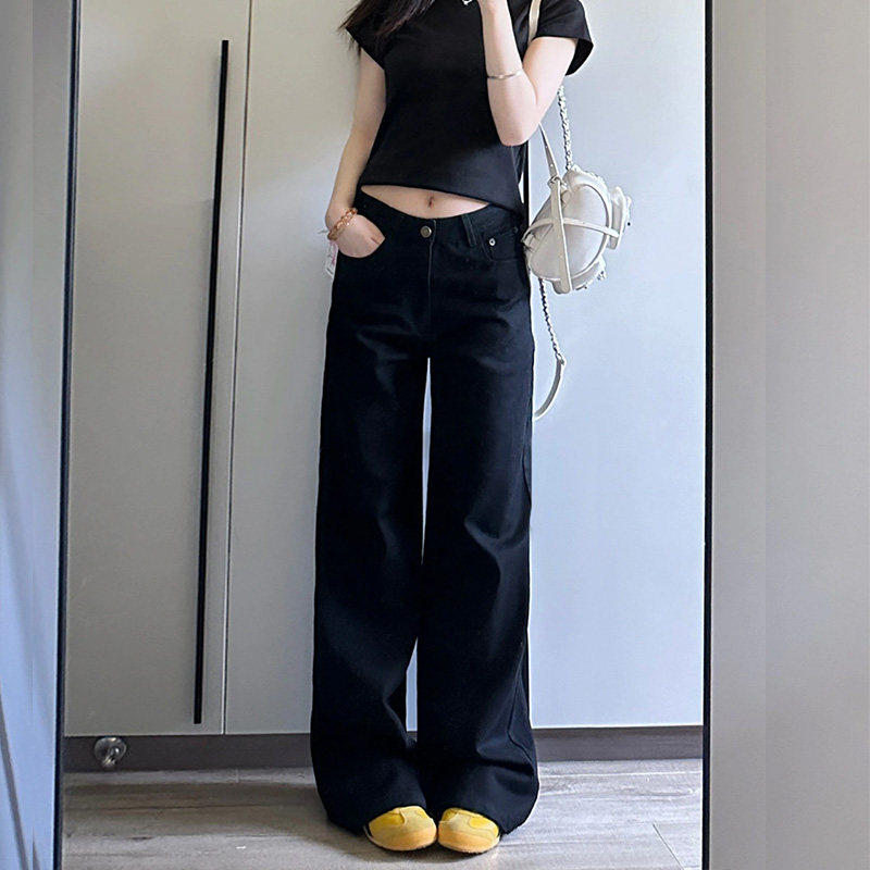 黑色直筒牛仔裤女2025春夏小个子高腰宽松显瘦垂感拖地窄版阔腿裤