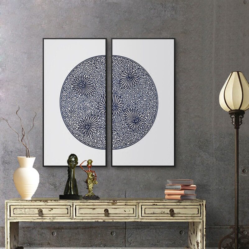 圣仕新中式民族图腾挂画 复古青花客厅装饰画背景墙壁画古典纹样