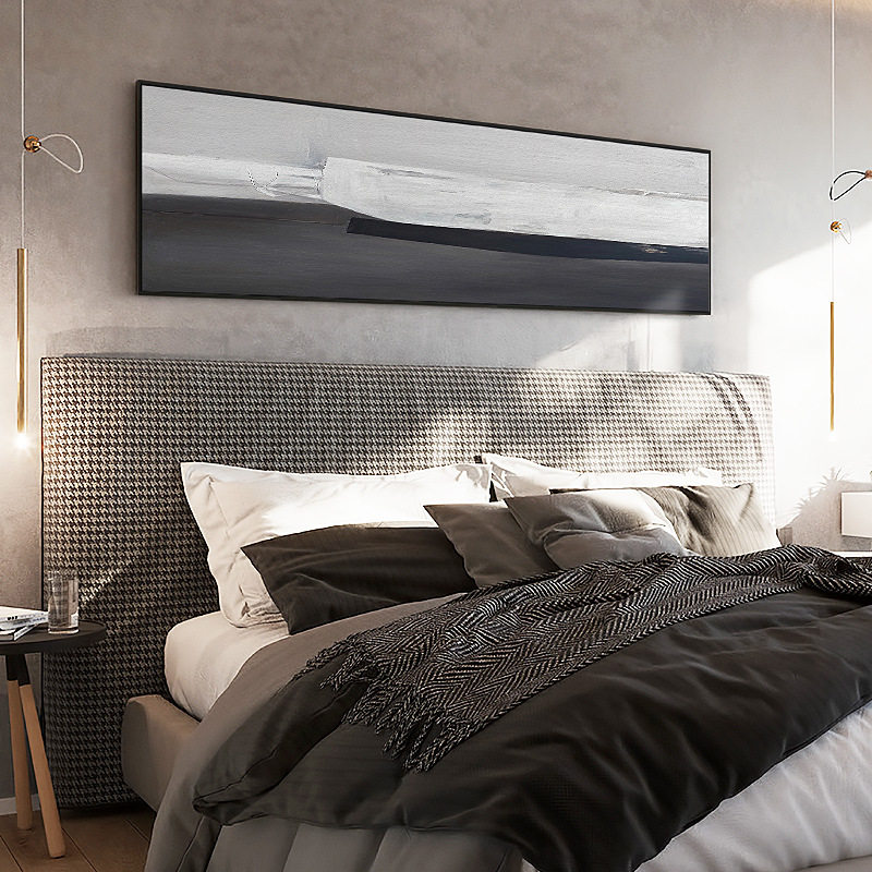 现代简约抽象卧室床头装饰画黑白灰油画挂画主卧背景横幅墙面壁画