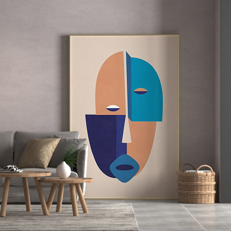 莫兰迪色抽象人脸入户玄关装饰画样板房立体高级抽象巨幅落地挂画