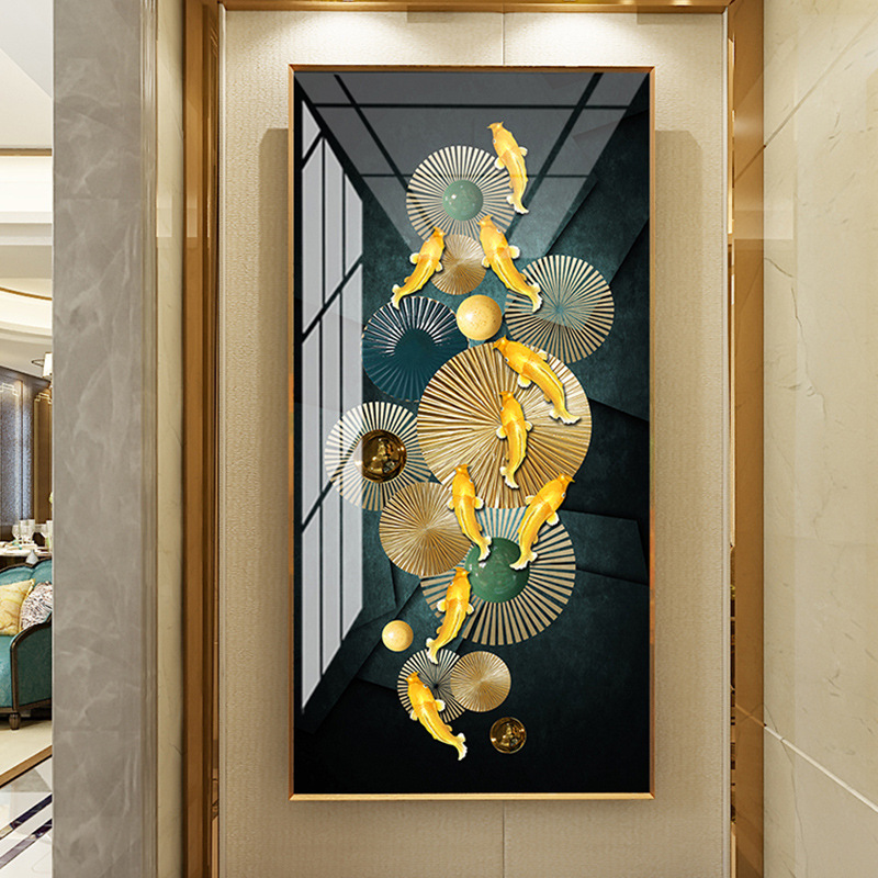九鱼图玄关装饰画过道入户竖版轻奢时尚壁画现代简约走廊尽头挂画
