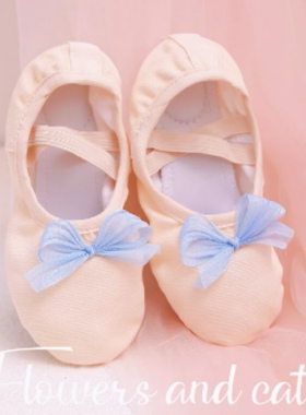 舞蹈鞋儿童宝宝软底形体蓝色小花练功跳舞芭蕾舞绑带舞鞋女童软底