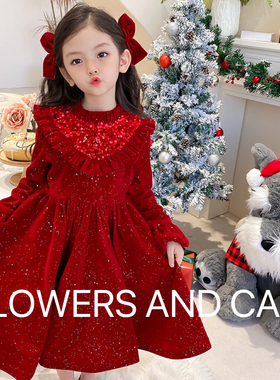 2025新款女童红色公主连衣裙荷叶边礼服拜年服宝宝生日公主裙