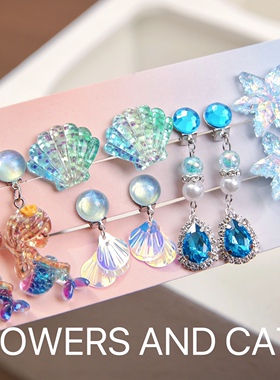 儿童女耳夹无洞耳环女童艾莎公主宝宝耳夹小女孩耳饰蓝耳挂装扮