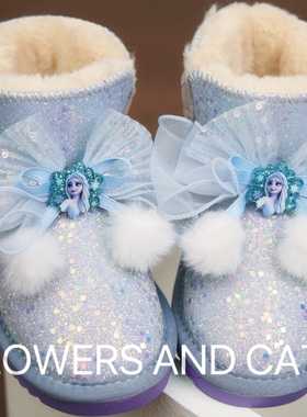 爱莎公主儿童雪地靴皮毛一体女童厚短靴防滑保暖防水棉靴迪士尼蓝