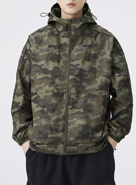 迷彩外套男2026春季新款连帽风衣连帽夹克冲锋衣外套宽松