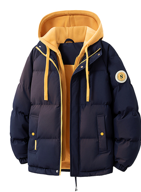 2025冬季新款假两件多巴胺色系棉服男冬季撞色保暖面包服