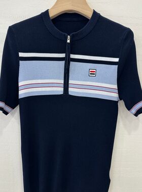 小艺欧货女装2026春夏季时尚撞色条纹圆领半拉链短袖针织衫6002H