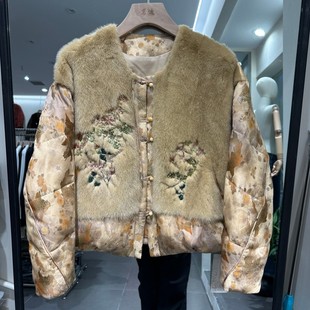 中式 2025年冬季 水貂毛领印花皮草鹅绒服 小艺欧货女装 衣尚美218H