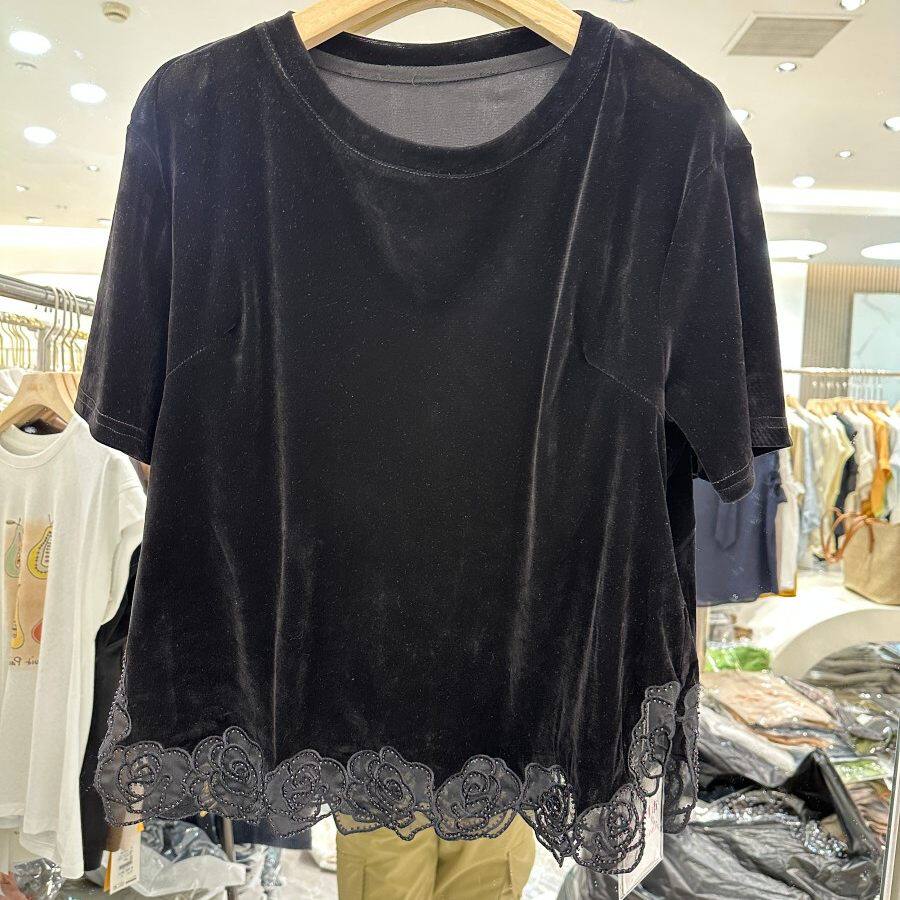 嘉福利市265719H 夏季2026新款女装时尚圆领短袖蕾丝拼接百搭上衣
