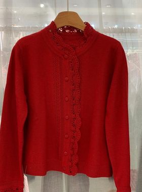 小艺欧货女装2025冬季圆领花边钩花镂空百搭显瘦减龄针织衫33115H