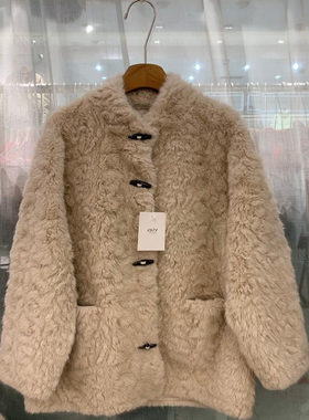 小艺欧货女装2025年冬季立领牛角扣中长款保暖皮毛一体上衣6727H