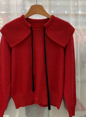 小艺欧货女装2025冬季韩版娃娃领蝴蝶结系带显瘦减龄针织衫65197H