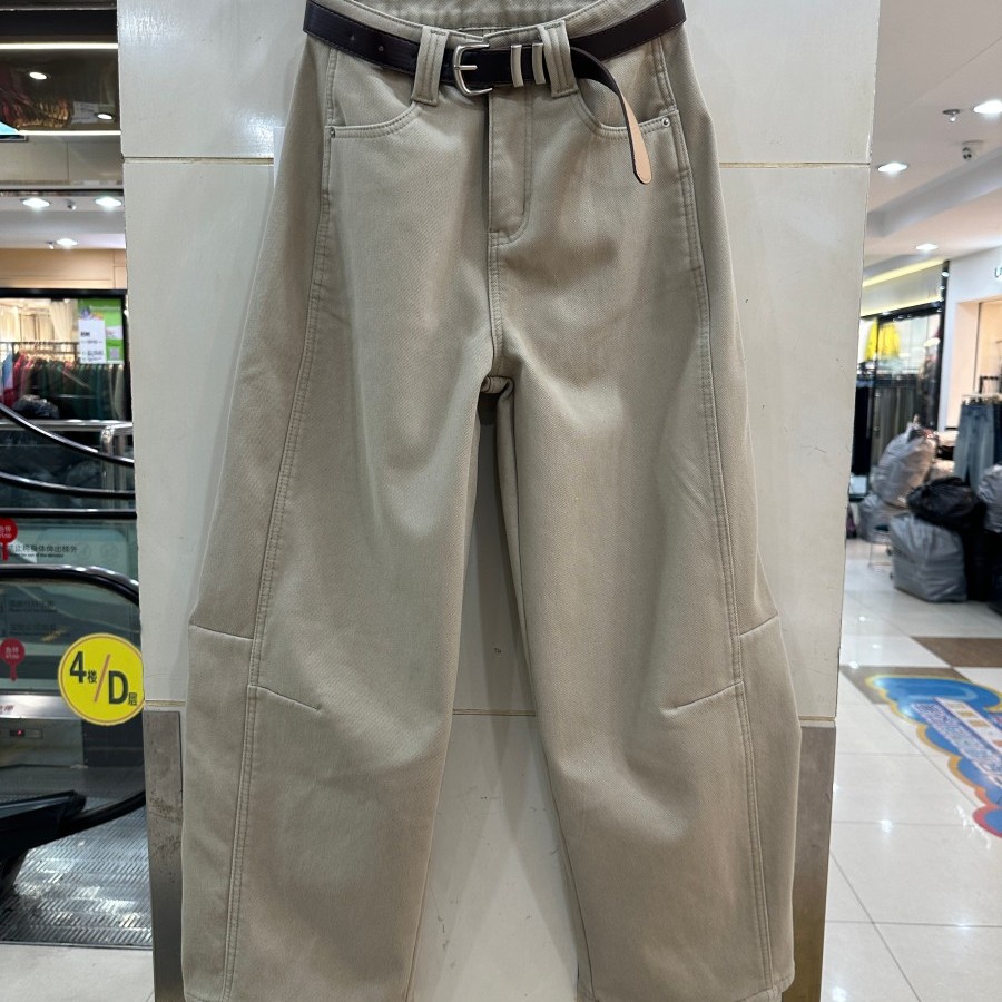 闪魅91858H小艺欧货女装2025冬季高腰腰带宽松显瘦百搭加绒牛仔裤