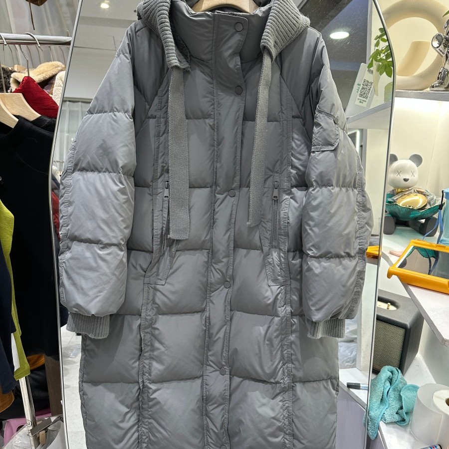 小艺欧货女装2025冬季时尚针织连帽长款加厚保暖白鸭绒外套65506H