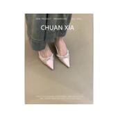 羊皮版 小猫跟真皮单鞋 小香风尖头软底高跟鞋 女甜美珍珠包头凉鞋