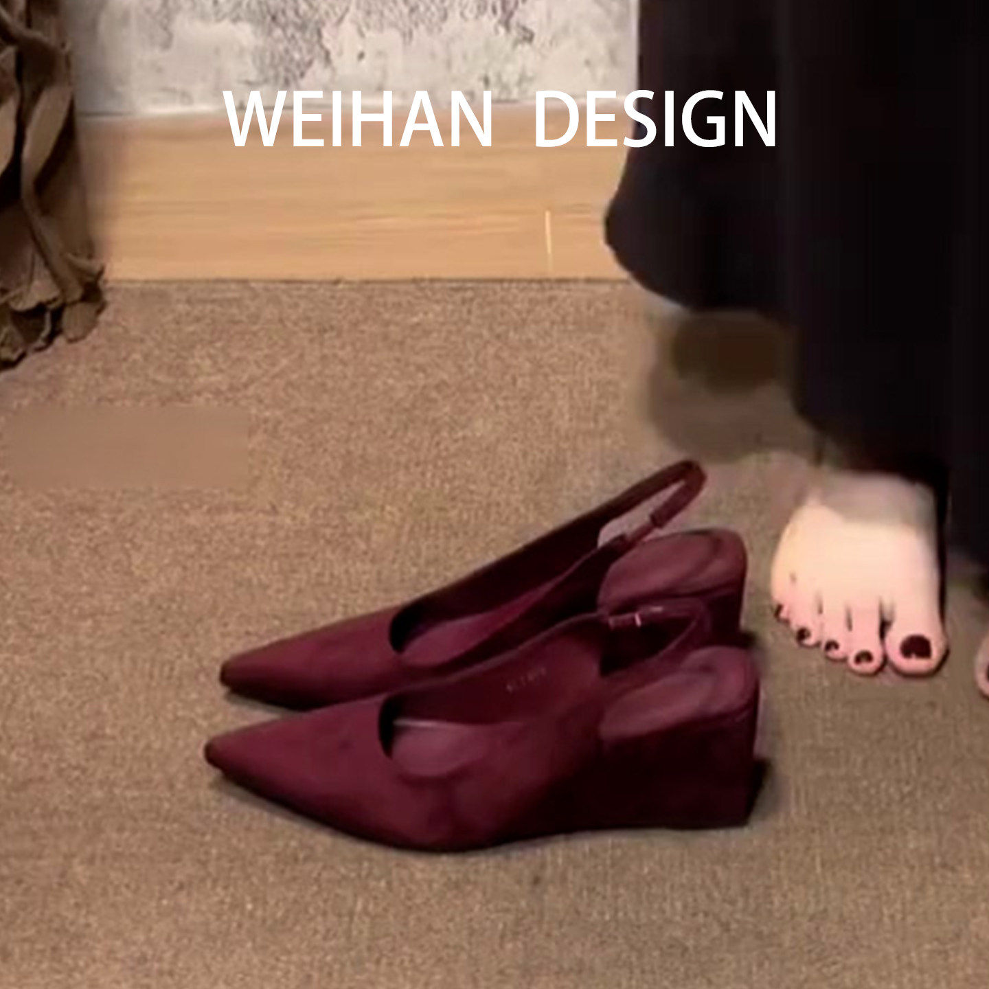 羊皮版！红色坡跟内增高包头凉鞋女春秋新款配裙子绒面尖头高跟鞋