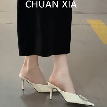 羊皮版~法式名媛风细跟高跟鞋女真皮水钻尖头包鞋气质显瘦凉拖鞋,女鞋,时装凉鞋,淘宝优惠券,粉丝福利购,淘宝优惠卷