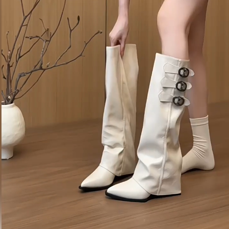 羊皮版~法式气质白色长筒靴女尖头坡跟褶皱堆堆靴时尚辣妹裤管靴,女鞋,时装靴,淘宝优惠券,粉丝福利购,淘宝优惠卷
