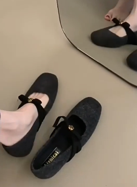 羊皮版~内增高灰色毛毛棉单鞋女蝴蝶结加绒晚晚鞋浅口方头奶奶鞋