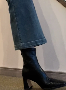 rubywu法式黑色瘦瘦靴方头粗跟高跟弹力靴显瘦气质短靴女春秋单靴