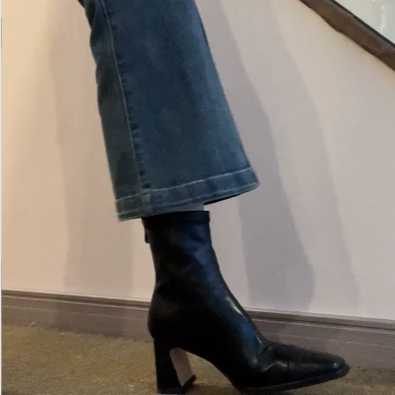 法式黑色显瘦方头粗跟短靴女