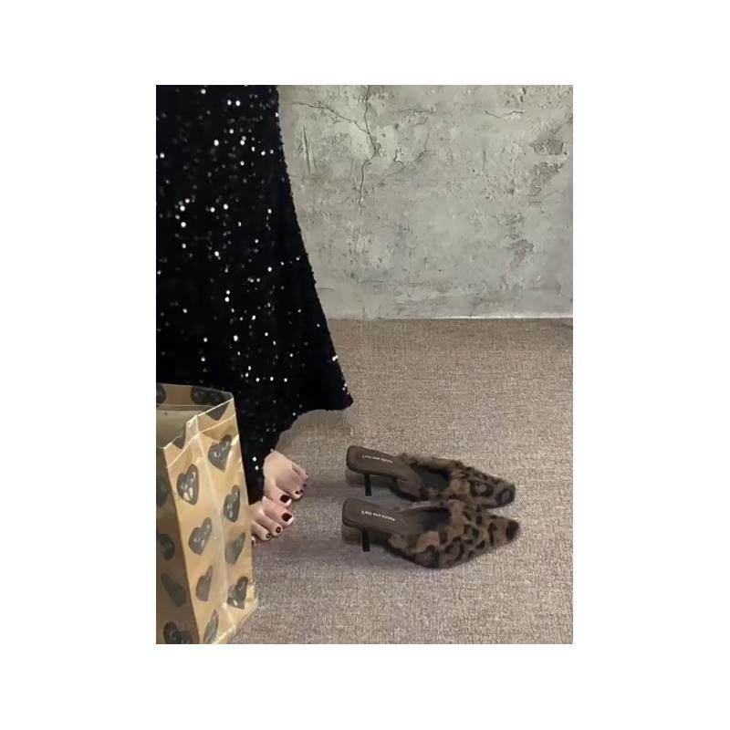 羊皮版！法式温柔一脚蹬毛毛拖鞋女性感豹纹细跟单鞋配裙子高跟鞋,女鞋,毛毛鞋,淘宝优惠券,粉丝福利购,淘宝优惠卷