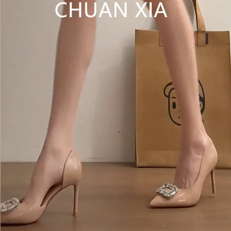 羊皮版~裸色水钻高跟鞋女气质高级感细跟单鞋法式名媛风侧空凉鞋