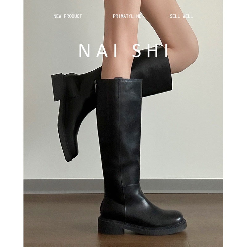 羊皮版！复古长筒靴女不过膝黑色骑士靴后拉链粗跟宽筒真皮长靴,女鞋,时装靴,淘宝优惠券,粉丝福利购,淘宝优惠卷