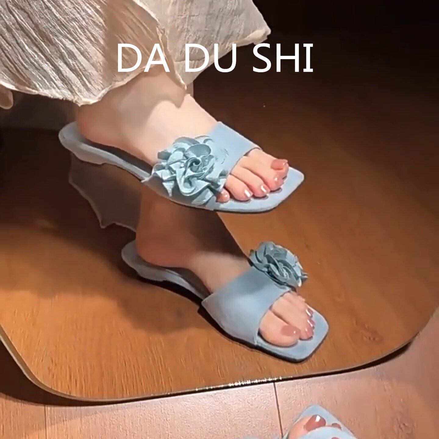 羊皮版~韩系绒面花朵露趾