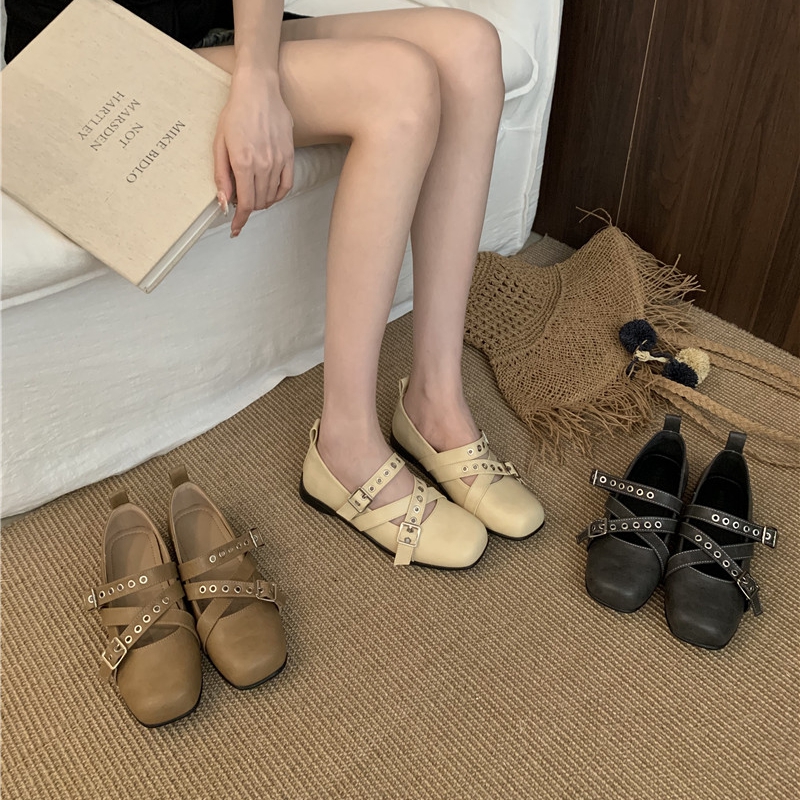 韩版粗跟方头芭蕾舞单鞋女2025新款四季小皮鞋复古交叉带玛丽珍鞋