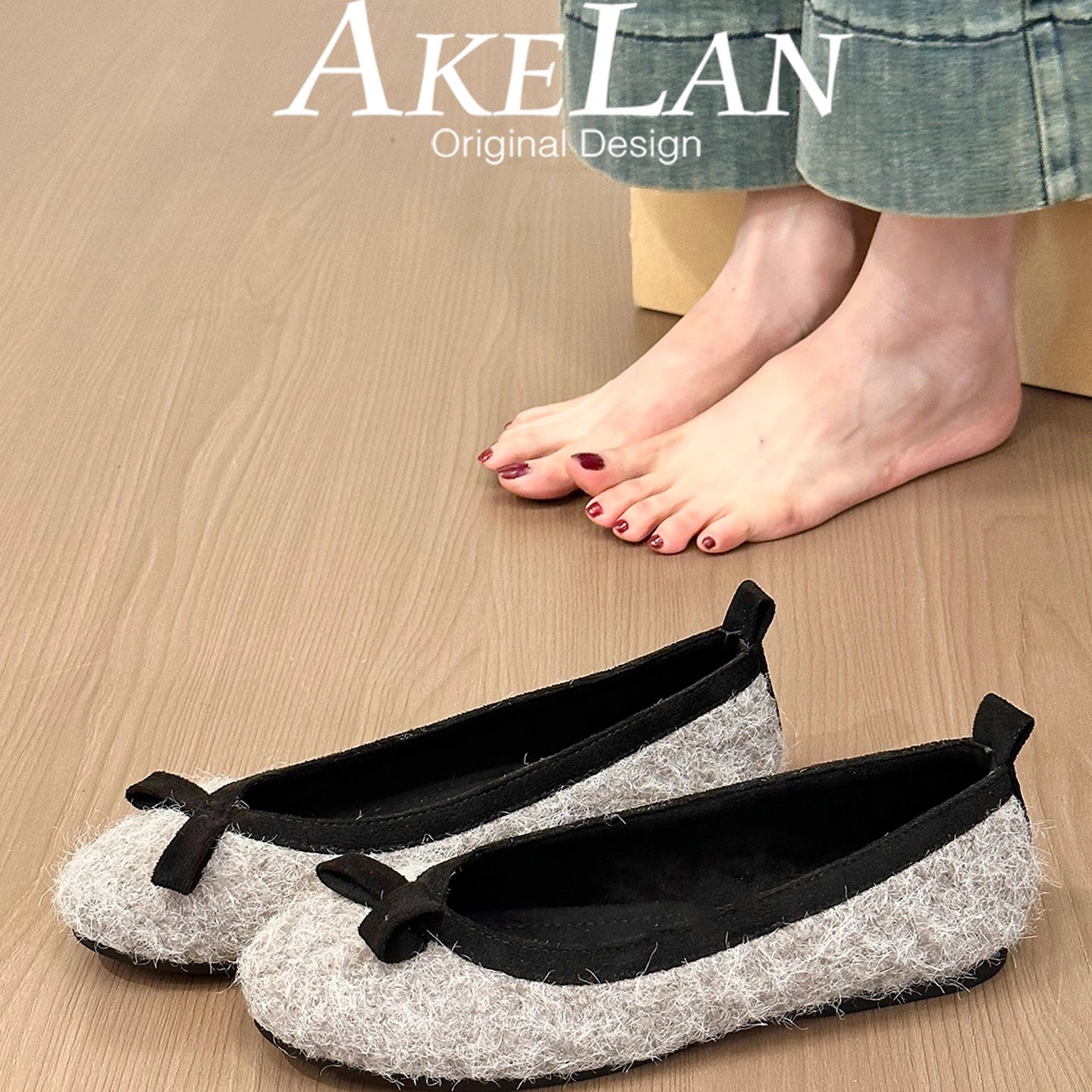 羊皮版~呢子蝴蝶结圆头芭蕾舞鞋女秋冬加绒平底单鞋一脚蹬豆豆鞋