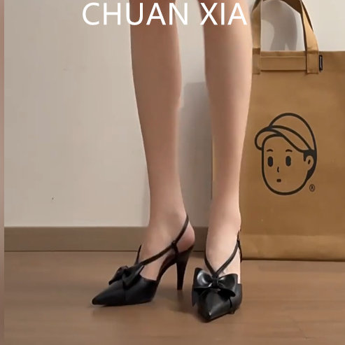 羊皮版！性感蝴蝶结尖头高跟鞋女时尚高级感包头凉鞋细跟后空单鞋