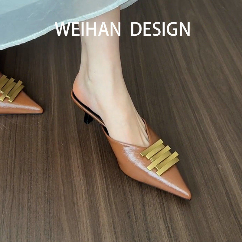 羊皮版！复古金属扣尖头高跟鞋女一脚蹬细跟单鞋百搭真皮包头凉鞋