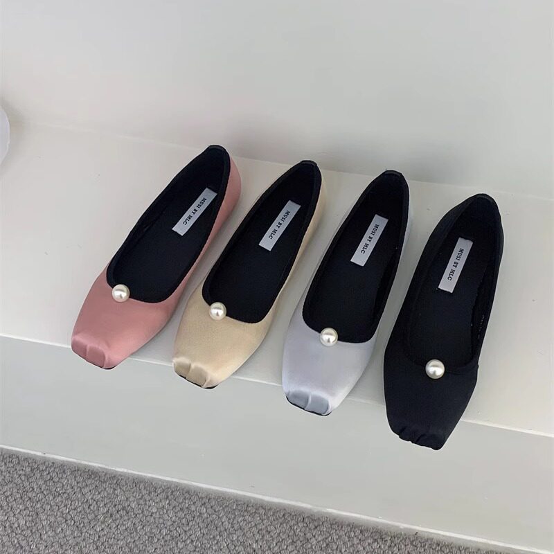 低女鞋法式晚风浅口芭蕾舞时尚工作绸缎珍珠单鞋跟单鞋面春秋方头