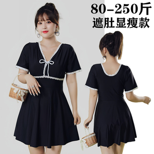 胖mm200斤保守宽松遮肚显瘦黑色温泉休闲泳装 大码 泳衣女连体裙式