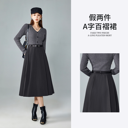 修身显瘦连衣裙气质新款女秋冬拼接假两件v领灰色针织百褶长裙