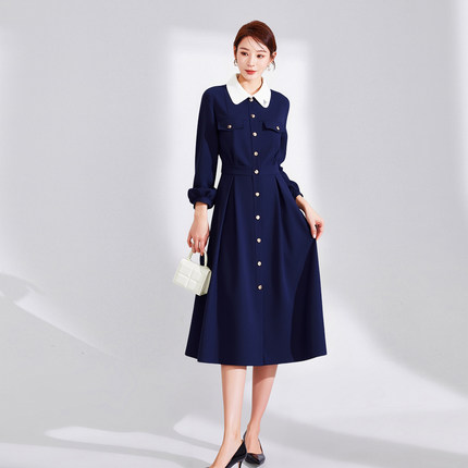 时尚优雅气质裙2025秋季新款撞色翻领高腰显瘦中长款收腰连衣裙女