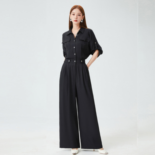 显瘦垂感宽松阔腿休闲裤 2025秋季 连体裤 翻领高腰工装 遮肉显瘦 新款